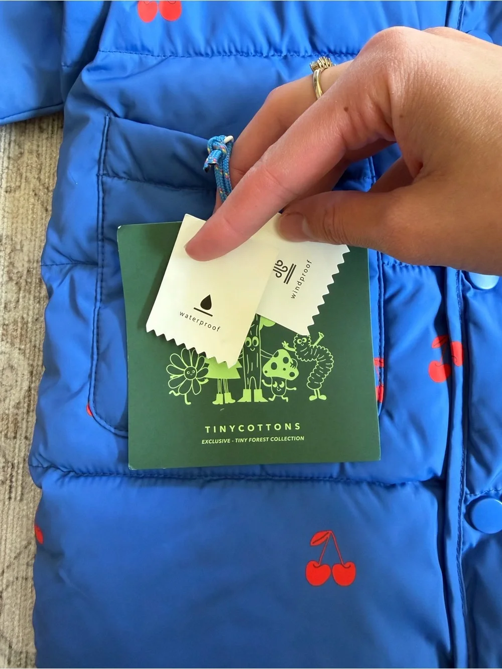 NWT TINY COTTONS Blue Kids Puffer Coat with Red Cherry Print